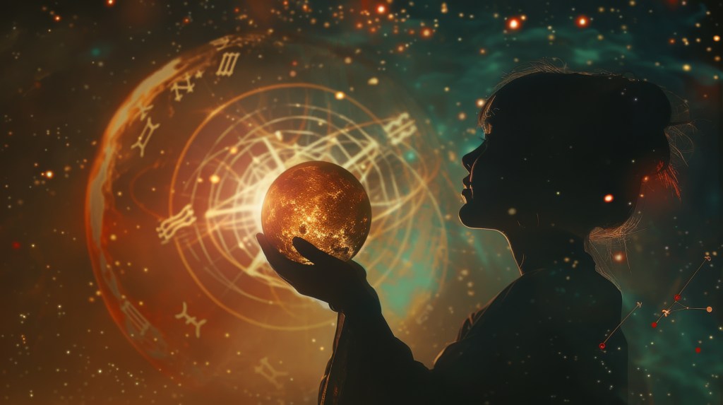 A silhouette of a fortune teller gazing into a glowing orb, zodiac symbols orbiting around, div