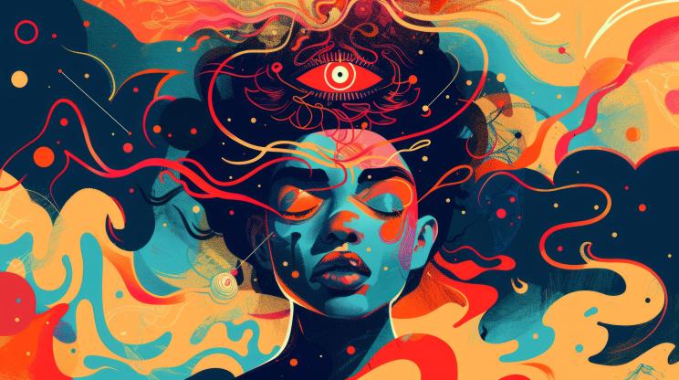 illustration persons third eye radiates with light, symbolizing heightened intuition surrounded by abstract, flowing shapes that embody insight and perception.