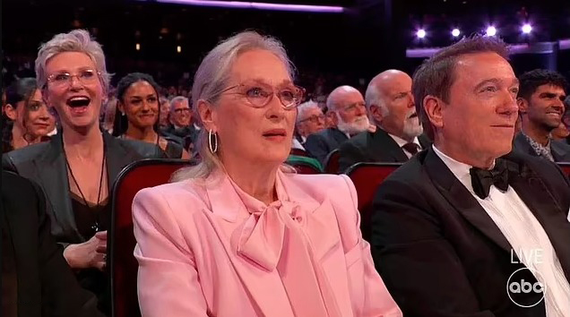 Meryl Streep in the audience at the 2024 Emmys, reacting to the joke. 