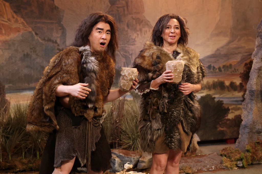  Bowen Yang, left, and host Maya Rudolph during the "British Cavemen" sketch on "Saturday Night Live," in New York on May 11, 2024. 