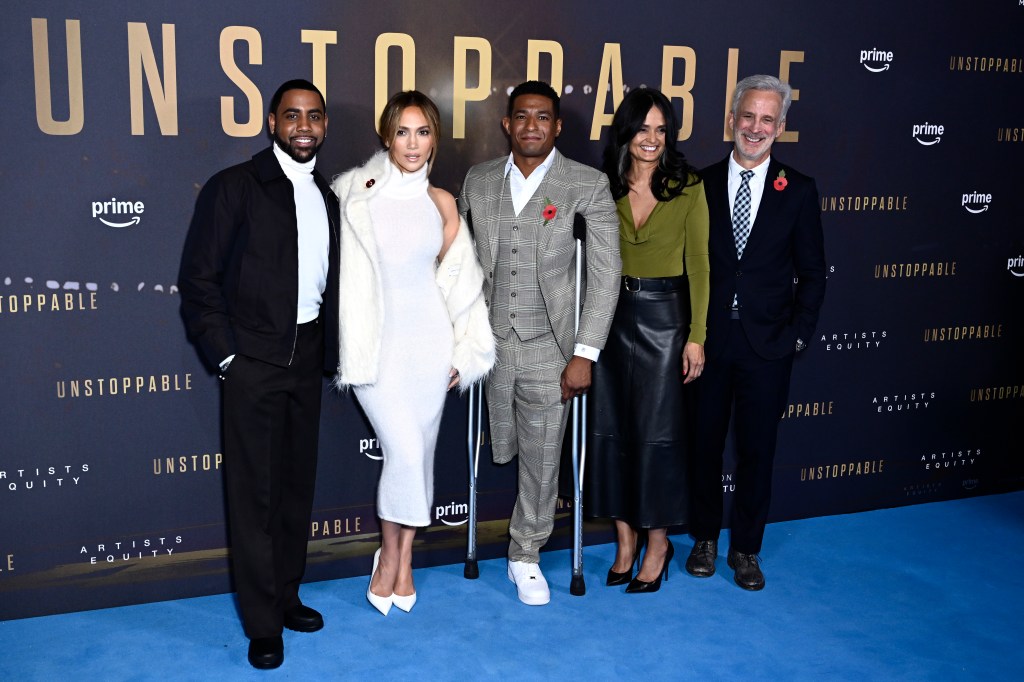 Jharrel Jerome, Jennifer Lopez, Anthony Robles, Judy Robles, and William Goldenberg posing for a photo at the 'Unstoppable' UK Special Screening at Cineworld Leicester Square, London.