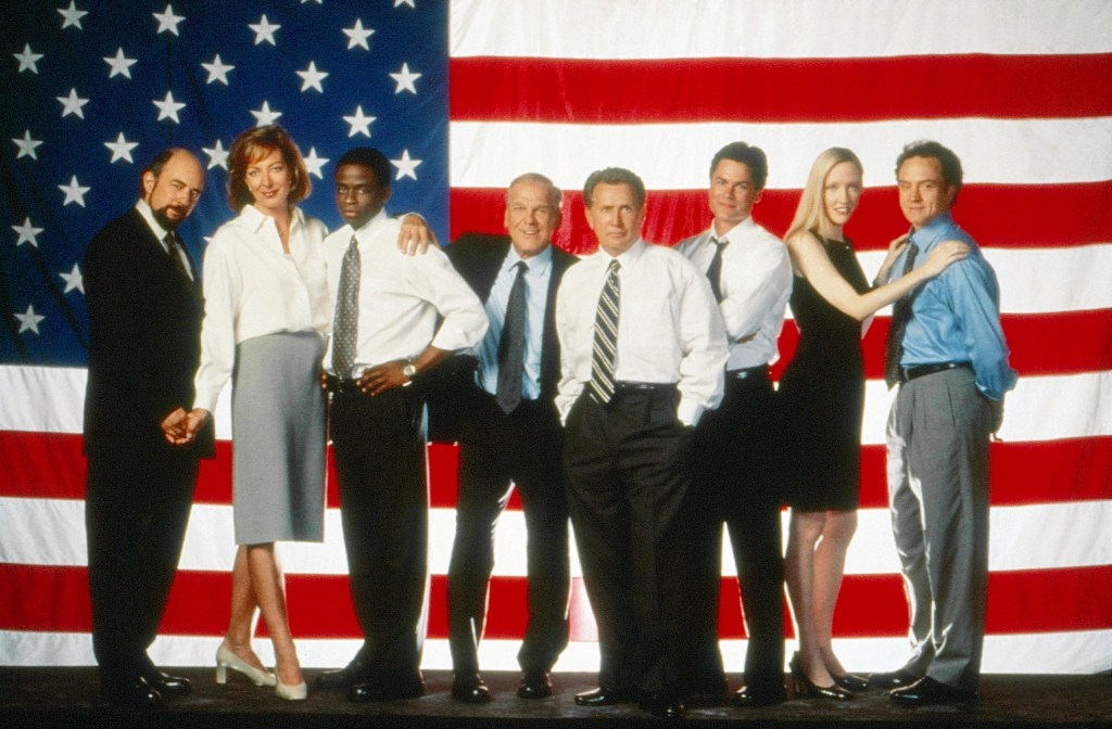 THE WEST WING, from left: Richard Schiff, Allison Janney, Dule Hill, John Spencer, Martin Sheen, Rob Lowe, Janel Moloney, Bradley Whitford,(Season 1).